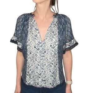 Jonathan Simkhai Blue Floral Lace Cottagecore Flounce Sleeve Silk Shirt Top XS